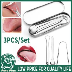 ★Same Day Shipping★ 3Pc/Set Tongue Scraper Cleaner with Travel Handy Case Dental Brush Bad Breath Kit Metal for Adults Eliminate Professional Tongue-Scraper-Kit