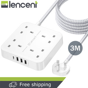 LENCENT 3M Extension Lead with USB C Port (3250W 13A) 4 Way Outlets Power Strip with 1 USB-C and 3 USB Slots Multi Power Plug Extension with 3M Braided Extension Cord for Home Office- White