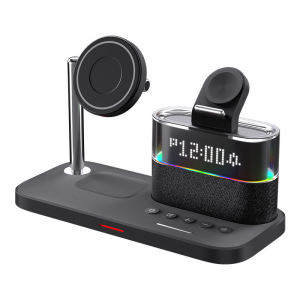 Wekey 6-in-1 Magnetic Wireless Charging Station with Bluetooth Speaker Digital Clock & RGB Ambient Light for Phone WatchEarbuds Desktop Charger