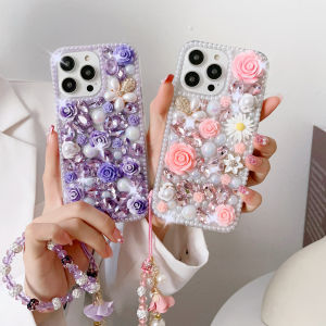 Shockproof Diamond Rose Flower Case  for OPPO A16  A18 OPPO A77 A57 A55  A96 5G A5S A12 A7 A72 A53 A73 A79 A38 A58 A98 A78 A31 A8 Clear Rhinestone Protection Cover + Chain