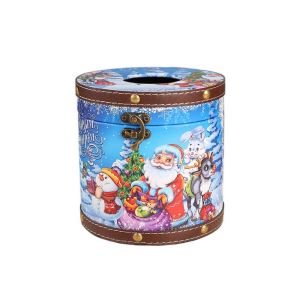 PTPT Retro Christmas Round Tissue Box Leather Cartoon Paper Box Decorative Santa Claus/Snowman/Bird Circular Tissue Holder Christmas