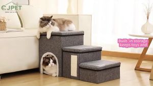 Pet Stairs Dog Steps Cat Stairs 3-Tier Foldable Staircase with Storage Box Scratch Pad for Senior Dogs Cats