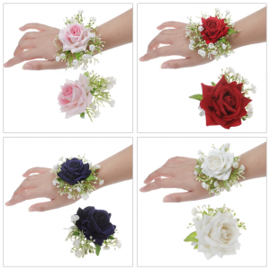 Wrist Corsage Artificial Rose Flower Boutonniere for Bride Groomsmen Bridesmaid Wedding Accessories for Special Occasion
