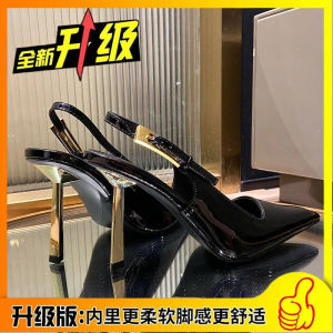 [Free Shipping] 24 Early Spring Small Gold Bar Sandals Shallow Square Toe Patent Leather Side Hollow Closed Toe Ultra High Heel Metal Buckle Pointed Toe Fashionable WomenS Shoes