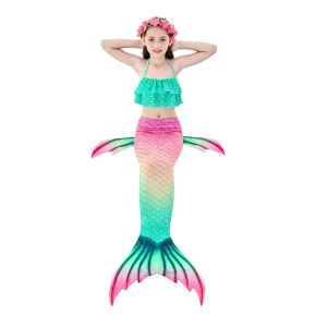 ชุดว่ายน้ำหางนางเงือกสำหรับสาว 3 ชิ้น หางปลาจำลอง เด็กสูง 100-155 ซม สามารถใช้เป็นของขวัญวันเกิดวันหยุด ชุดเจ้าหญิงเด็ก (ไม่มี Monofin)