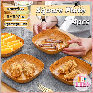 BIBLIO BIBLIO 4pcs Plate Set Kitchenware Plastic Wooden Design Square Snack Tableware Kitchen Supplies