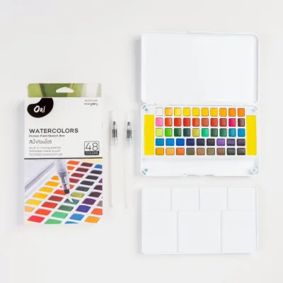 สีน้ำ ori สีสด ราคาถูก แถมฟรี พู่กันแทงค์ สีน้ำก้อน ตลับ สีหลุม สีแห้งแล้วไม่เป็นแป้ง watercolor pocket box