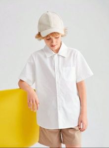 Kemeja Polos Putih untuk Anak Laki-laki Perempuan Lengan Pendek/Atasan Kancing Kerah Turn-Down Anak-anak 5-12 Tahun