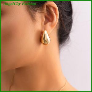 AngelCity Fashion Store 1Pair Vintage Temperament Chunky Dome Drop Earrings For Women Glossy Alloy Thick Teardrop Earrings Lightweight Hoops