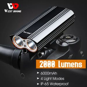 WEST BIKING MAX 2000LM ไฟจักรยาน 2 XML-T6 LED จักรยานไฟหน้าในตัว 6000 แบตเตอร์ชาร์จใหม่ได้ mAh + 2 Handlebar ขี่จักรยานอุปกรณ์เสริมไฟจักรยาน