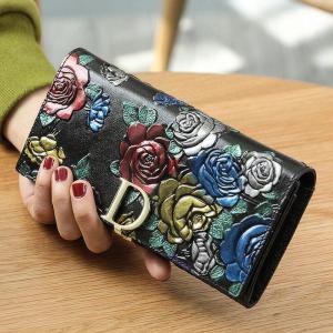 BANYANU 3D Floral Printed Ladies Genuine Cowhide Leather Wallet Original Card Holder Long Phone Purse Bag for Women 2025