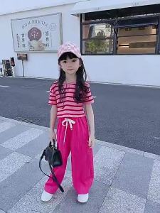Kids Set Korea 2Pcs Suit Kids Set Stripe Shirt And ice Silk Pants Wide Leg Pant Baby Girl Clothing