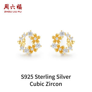 ZHOU LIU FU 周六福 ต่างหู S925 Sterling Silver Cute Flower Butterfly Small Studs Earrings Classic Moon Necklace Fashion Jewelry for Women Girl J0614399/J0914400