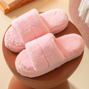 [Free Shipping] Open-Toe Single-Strap Faux Rabbit Fur WomenS Indoor Slippers With A Wedge Heel