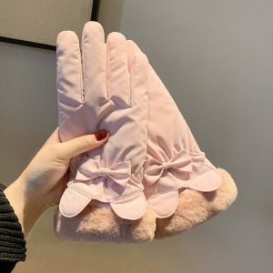DRESSPLUS Mềm Găng tay chống lạnh có nơ Màn hình cảm ứng Lông bông Găng tay hở ngón Tai Quà Tặng Không thấm nước Găng tay chống gió Satin Mùa đông
