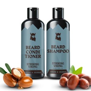 Striking Viking Beard Shampoo and Conditioner Set – 4 Fl Oz Each Fresh Masculine Scent - Beard Wash and Conditioner for Men - Cleanses & Softens with Argan & Jojoba Oil - Sulfate & Paraben Free