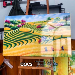 Tranh làng quê trang trường tranh quê hương treo tường tranh đồng quê mùa lúa vàng quê tôi tráng gương treo tường QQC2