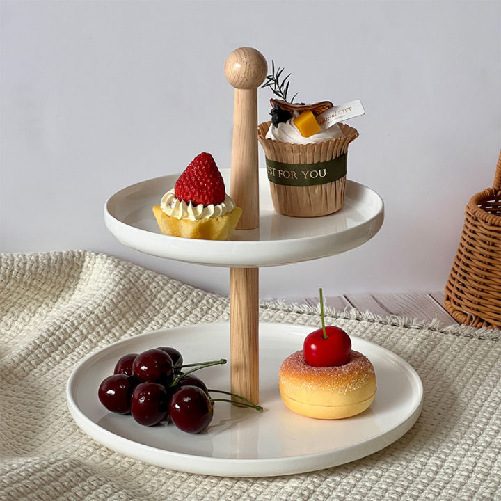 Two Layer Wooden Bone Pure white Ceramic Tier Plates Cake