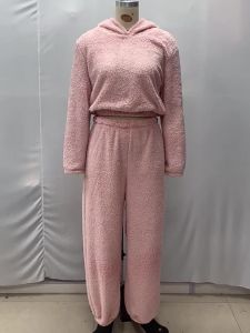 Autumn and Winter New High Waist Long Sleeve Sweatshirt Solid Color Hooded Pajamas Coral Fleece Warm Home Wear Set