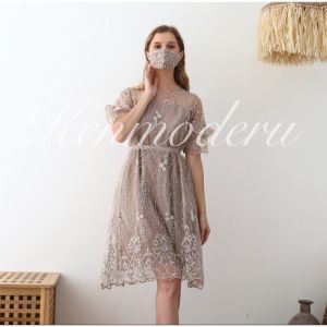Ken-169 Dress Pesta Premium Wanita Mewah Tangan Tingkat Full Brukat with Masker