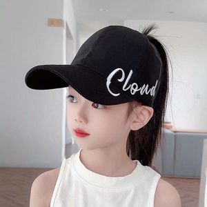 RANZH Face-Slimming Wide Brim Girls Ponytail Baseball Cap Large Head Circumference Breathable Fabric High Bun Sun Visor Open Back Baseball Hat Soft Sweat-Wicking Liner British Style Kids Hat School Sporting Events