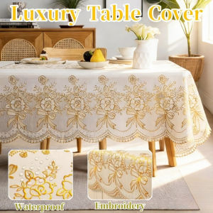 European Style Table Cover Flower Pattern Embroidery Tablecloth with Lace Oil Resistant Table Mat