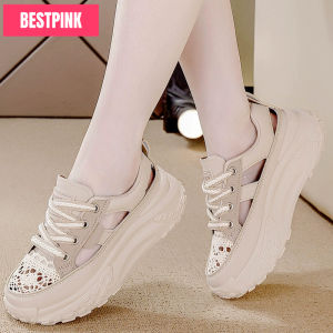 รองเท้ากีฬาผู้หญิงสไตล์ใหม่สุดเก๋ ดีไซน์โปร่ง ใส่สบาย ระบายอากาศได้ดี พื้นหนา ความสูงเพิ่มขึ้น 5 ซม.