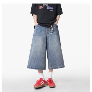 Mens Vintage Red Plaid Denim Shorts Streetwear Retro Patchwork Casual Summer Jeans