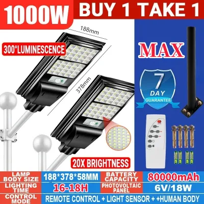 【BUY 1 TAKE 1】Solar Street Light 3000W Solar Light Outdoor Waterproof IP67 2000W 1000W Solar Lamp 2835LED Garden Light Automatically Night Light Flood Light Intelligent Sense With Remote Christmas Lights