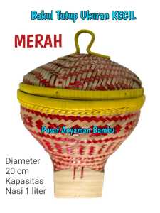 Bakul nasi model tutup bakul bambu mewah ukuran kecil warna MERAH diameter 20 cm