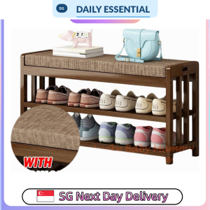 【DAILY ESSENTIAL】 Cushioned Bamboo Shoe Bench with Two Storage Shelves