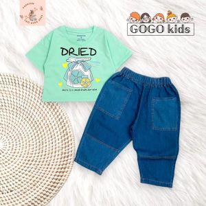 Sét jean bé gái: Áo thun cộc tay quần lửng jean hàng VNXK Gogo kids áo xanh + áo hồng Thokids2023