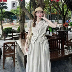 DX_set đồ nữ đi lễ chùa áo cổ V cài nút phối chân váy dáng dài chất Sóng Ý đi biển nhẹ mát