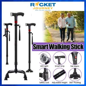 Travel Walking Stick with FM Radio LED Light Emergency Alarm Two Cushion Handles Foldable Adjustable Height