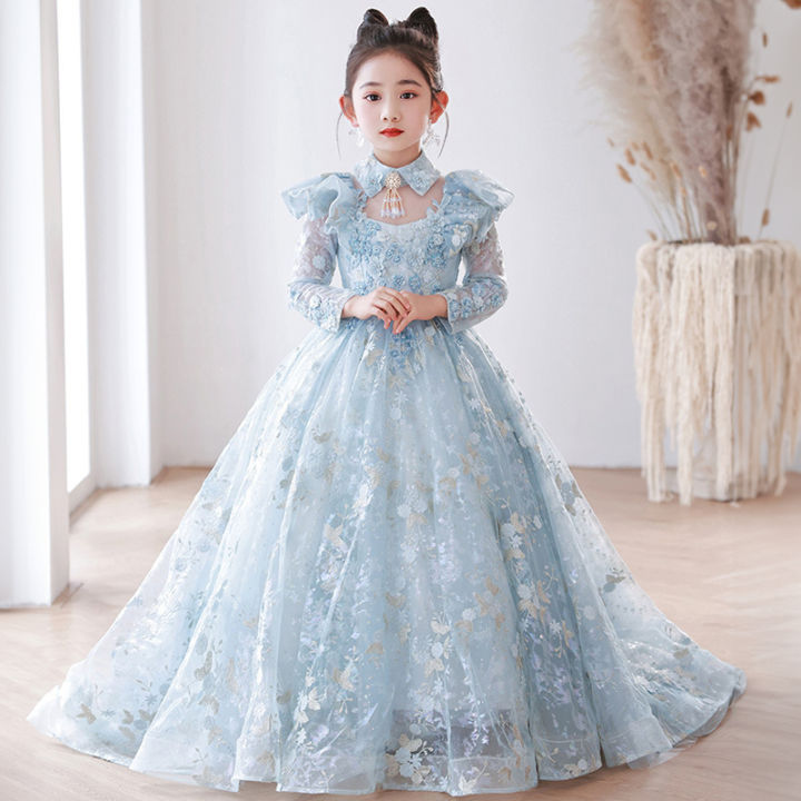 Light Blue Embroidered Dresses for Elegant Flower Girl Birthday Party  Luxury Pageant Wedding Dress Kids Formal Long Evening Gown