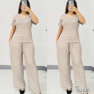 Elegant Striped V-Neck with Wide Leg Pants for Women - Casual Summer Fashion (KV-BP)