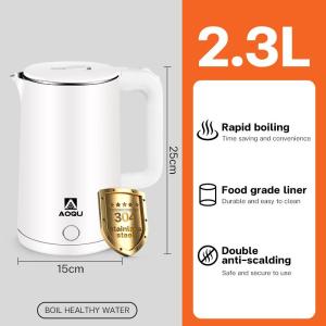 AOQU 2.3L Stainless Steel Electric Kettle 1500W High Power Anti-Scald Double-Layer with Auto-Off & Anti-Dry Protection