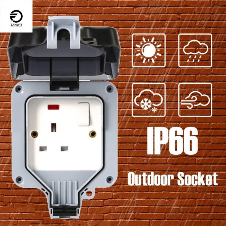 ZANWIT Weatherproof UK Standard 13A IP66 Socket Box Garden With LED