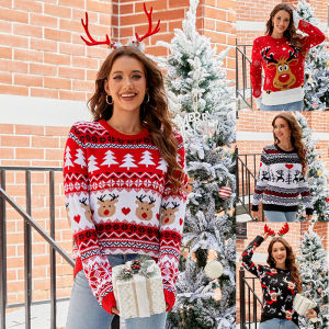 Christmas sweater Womens autumn/winter pullover knit sweater Snowflake and reindeer sweater Casual and relaxed style