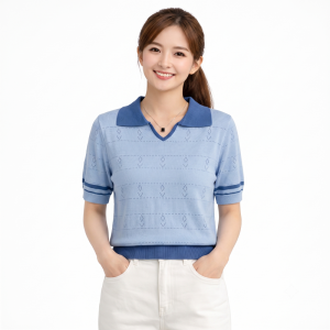 Stella Fashion Sweet Striped Polo Top | Ice Silk Fabric | Slim Fit Pullover | Girly Fashion Blouse