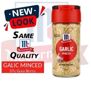 McCormick Garlic Minced 57g Small Bottle - Transparent glass container with red cap - Contains minced garlic - Net weight 57g (2oz) - New look same quality - Suitable for cooking and seasoning.
