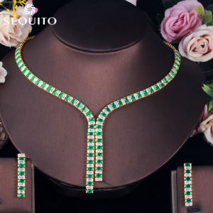 SEQUITO Gorgeous Crystal Long Pendant Necklace Earrings Setting Yellow Gold Plated CZ Ethiopian Indian Jewelry Set SJ186