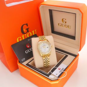 JAM TANGAN FASHION WANITA GUOU RANTAI STAINLESS STEEL / JAM TANGAN WANITA KASUAL TANGGAL AKTIF ANTI AIR FREE BOX DAN BATERAI CADANGAN