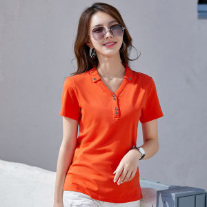 New Summer V-neck Short-sleeve T-shirt for Women Cotton Solid Color All-matching Clothes Korean Style Womens Lapel Button Slim Fit Ladies Hertee Polo Shirt Fashionable Tees Tops