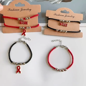 Red Ribbon Charm Wristband Adjustable Braided Rope Bracelets HIV/AIDS Support Bracelets Fashion Accessory
