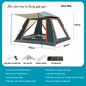 Lều Cắm Trại Lều Dã Ngoại Tự Bung Gia Đình 4-6 Người - Lều Câu Cá Bãi Biển Hai Lớp Vải Chống Tia UV Không Gian Lớn Thoáng Có Mái Che