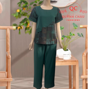 Đồ bộ nữ trung niên cho mẹ bộ LỤA PHÁP trung niên nữ phối họa tiết quần 9 TẤC ống nhỏ cao cấp-QC04