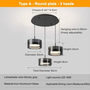 Smoke grey LED Dining Table Pendant lights Modern Bar Restaurant Hanging Lamp LED Dimmable ChandelierFast shipping