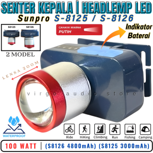 Senter Kepala Cas 100watt Sunpro Led Laser Zoom Rechargeable Type C Headlam S-8125 | Senter Kepala Zoom Super Terang Sunpro S-8126 / S-8125 Cahaya Putih / Usb Rechargeable Senter Kepala 100w /Jauh Anti Air Zoomable Senter Kepala Led / Cahaya Terang