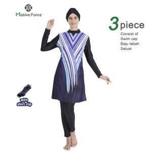 Motive Force Baju Renang Muslimah Long Sleeve Muslimah Swimsuit Lake Blue Twill Printed Muslim Swimwear Female Four-Piece Set Beach Wear Women